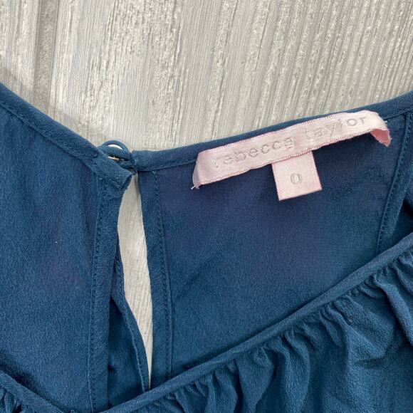 REBECCA TAYLOR WOMEN'S SILK TEAL BLUE RUFFLE TOP MINI DRESS SIZE 0 - Picture 3 of 9